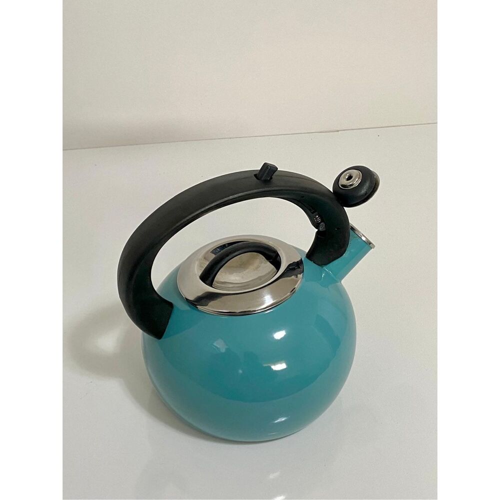 Enamel-on-Steel Whistling Tea Kettle 2.3 Quart Anti-Hot Folding Handle Turquoise - Picture 3 of 8